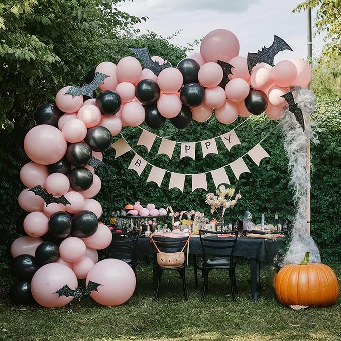 Pink and Black Balloons,12inch Pink Black Silver Halloween Balloons Bat Printed Party Balloons Pastel Pink Black Decoration for Boy Girls Halloween Themed Party Birthdays Holiday Party
