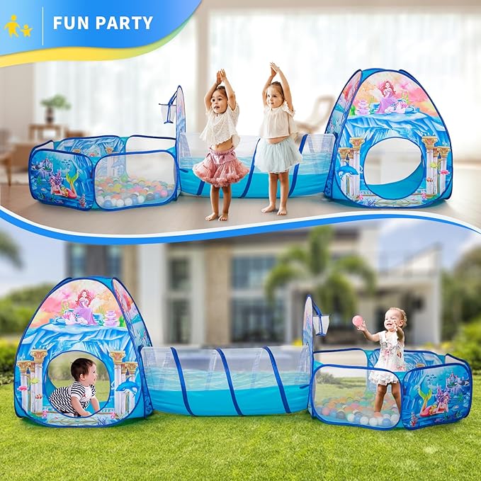 3 in 1 Mermaid Kids Play Tent with Play Tunnel, Ball Pit, Basketball Hoop for Boys & Girls, Toddler Pop Up Playhouse Toy for Baby Indoor/Outdoor, Gift for Year Old Child