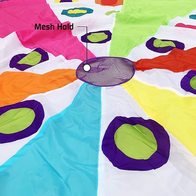 Parachute for Kids with Handles – Rainbow Multi-Colored with 16 Balls in Carry Bag, Parachute Toy for Ages 3+Toddlers, to Seniors (10ft – 12 Handles)