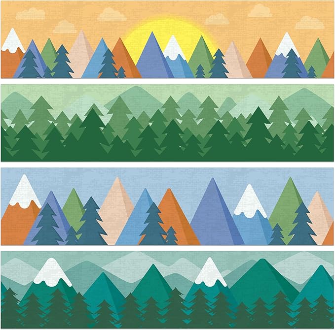BeYumi Moving Mountains Border Trim - 80Pcs Back to School Moving Mountains Straight Bulletin Board Borders Woods Green Pine Trees Decor Classroom Office Chalkboard White Board Poster Party Decoration