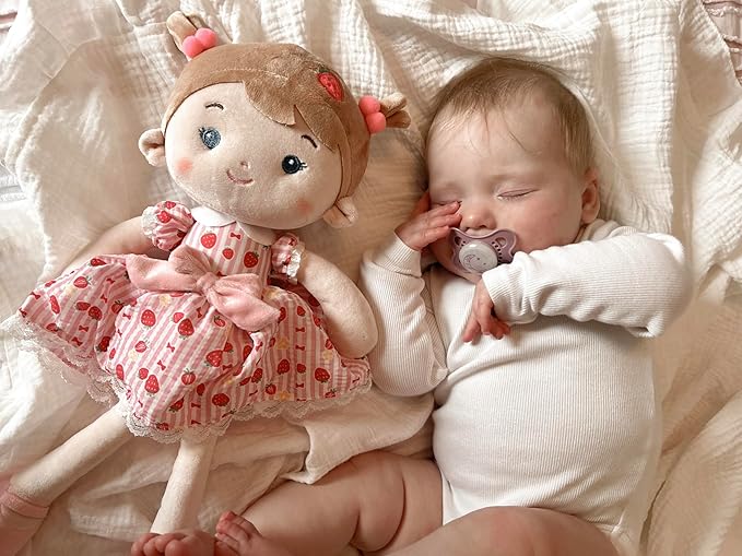 LeyaDoll Personalized Soft Baby Doll Toys for Girls (16''), My First Christmas Dolls, Leya Doll Baby Rag Doll Plush Toys for Toddler Kids Infants -Strawberry Girl