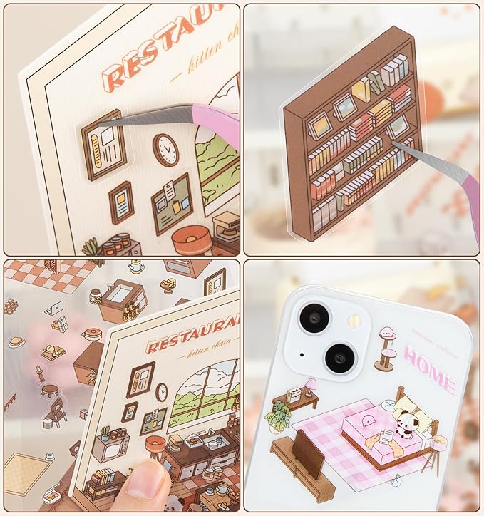 DIY 3D House Stickers, 4 Sets Fun DIY Sticker Scene Make Your Own Mini House Cute Cartoon Animal Scene Stickers for Kids Adult Sticker Art Relief Stress Pass The Time