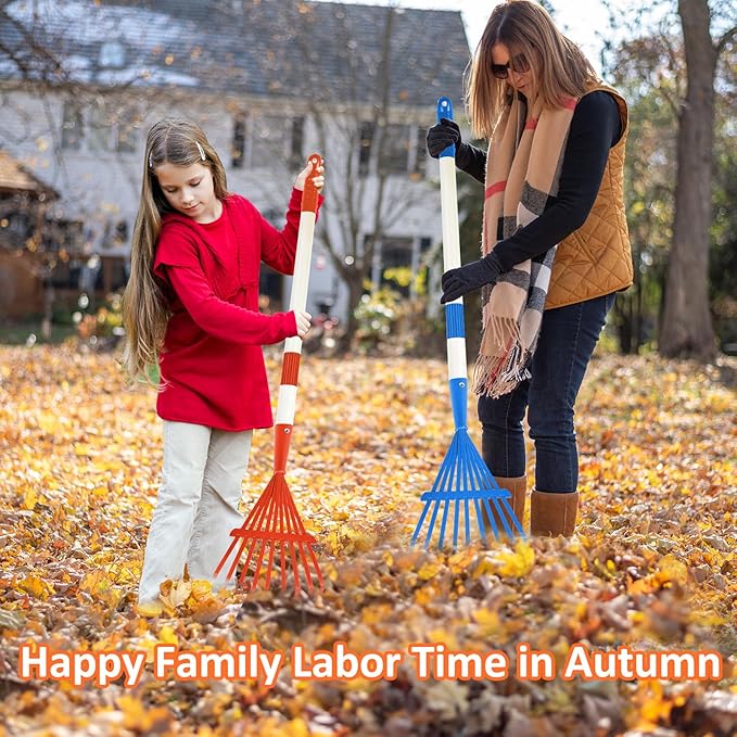 2PCS Kids Rakes for Leaves, 28" Child Size Garden Yard Rake Childrens Lawn Rake Toddler Leaf Rakes Blue Red Metal Head with Detachable Hardwood Handle Great Gardening Tools for Boy Girl