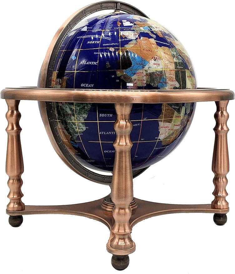 Limited Edition! Unique Art Since 1996 Blue Lapis Table Top Gemstone World Globe with 4 Leg Copper Plated Zinc Alloy Stand (220MM/BLUE OCEAN/4LEG COPPER)