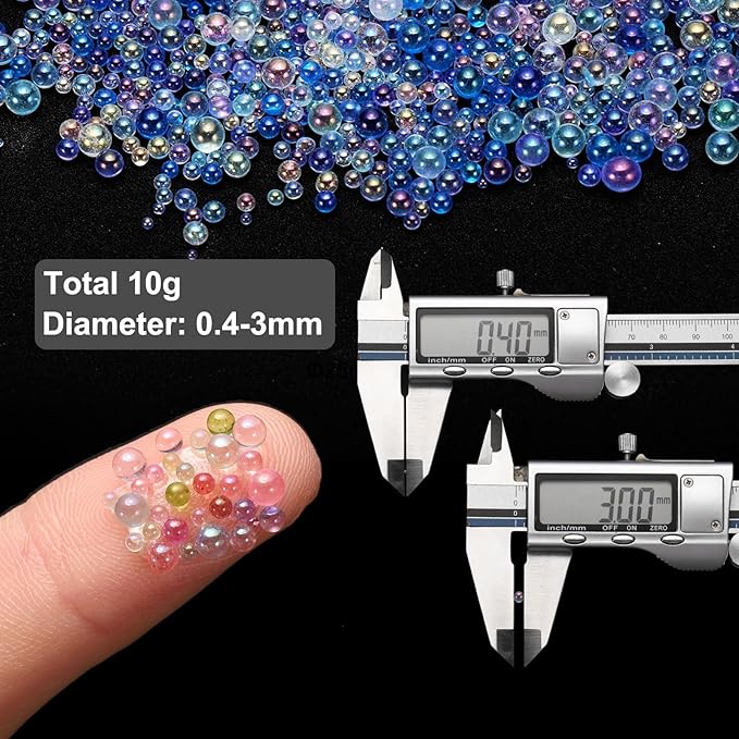 Iridescent Glass Tiny Bubble Beads, 0.4-3mm 10g No Hole Micro Mini Round Blue Water Droplets Beads - Applications: for Resin Filler, Nail Art, Dollhouse Bath Tub