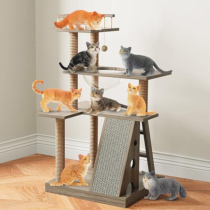 Toymany 8PCS Grey & Orange Cat Figurines Set, Realistic Cat Figures Kitten Toys, Cat Cake Toppers Halloween Christmas Birthday Gift for Kids Children