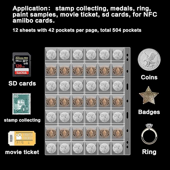 12 Sheets Coin Collection Supplies Pages, Collecting Book Album Protectors Sleeves with Standard 9 Hole for Coin Binder, Currency Holder Storage for Pennies, Quarters Stamp (42 Pocket per Sheet)
