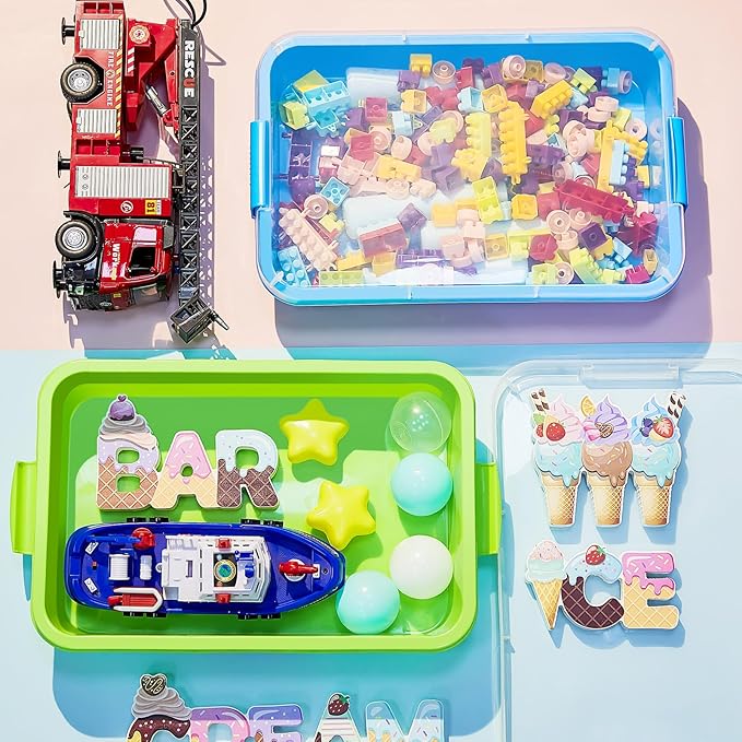 2 Pcs Sensory Bins Sand Tray with Lid, 15in Stackable Leak-Proof Plastic Sensory Tray for Sand & Water Play, Portable Bin for Kids 3 4 5 6, Easy Clean, Indoor Outdoor(Blue, Green)