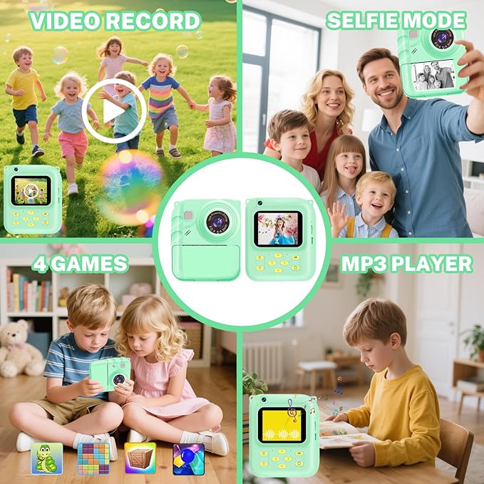 Instant Print Camera for Kids, 1080P Video Camera with 3 Print Rolls, 32GB Card & Cute Cover, Gift for Girls Boys Age 3-12, Toddler Digital Camera with Games, Filters, Music – Green