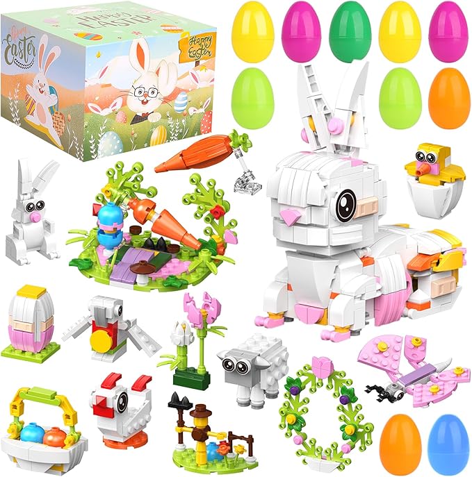 Easter Bunny Building Blocks Set: 12 in 1 Bunny Basket Stuffers Gifts Eggs Fillers Toy for Teen Kids - Cute Party Favors Box Easter Building Toys Sets 12 Eggs Kids Girls