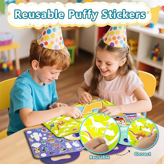 3 Pack Reusable Sticker Books for Kids, Waterproof Puffy Stickers - Match the Shape and DIY Scene, Toddler Travel Essential Quiet Time Activities Toys - Vehicle, Space and Dinosaur (2-6 Age)