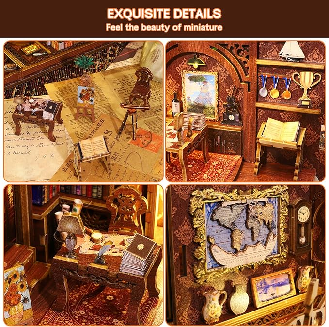 Book Nook Kit, DIY Dollhouse Booknook Bookshelf Insert Decor Alley, DIY Book Nook Miniature Kit with Lights, 3D Wooden Puzzle Decorative Bookend Miniature Model Kits for Kids/Adults