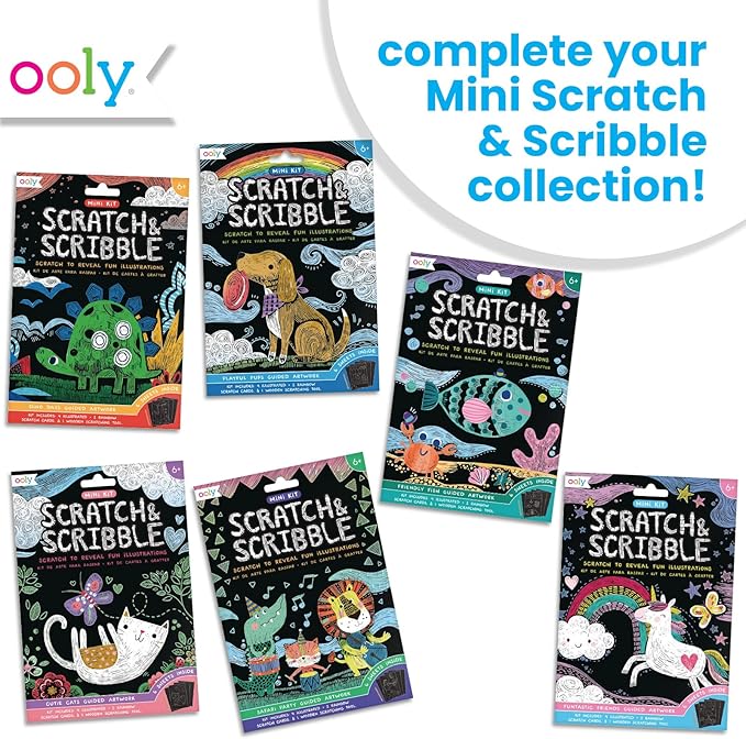 Ooly Mini Scratch & Scribble Art Kit - 6 Card Rainbow Scratch Art Set Gifts for Kids, Travel-Friendly Craft Kit, Wooden Tool Included - Cutie Cats