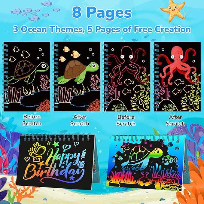 24 Pack Under the Sea Scratch Art Party Favors for Kids - Rainbow Scratch Paper with Ocean Animals Scratch Off Cards Easter Birthday Goodie Bags Stuffers - Return Gifts DIY Classroom Prizes