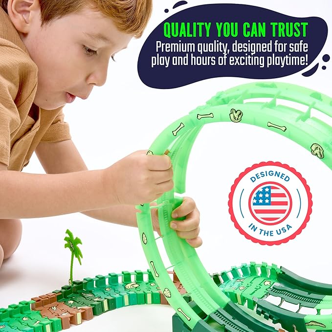JITTERYGIT Race Track Set Glow in The Dark Track Toy for Boys & Girls Age 3, 4, 5, 6 and 7 (Dino Track Glow Loop)