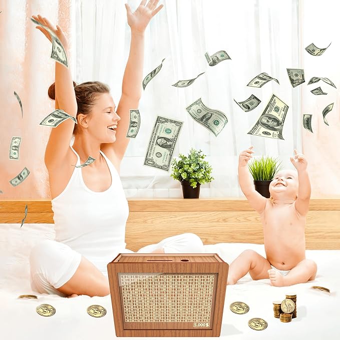 Piggy Bank for Adults Kids, Wooden Coin Bank for Boys and Girls, Cash Vault Money Saving Box with Counter $5000 Savings Challenge Money Box with Money Target and Numbers (Brown $5000)