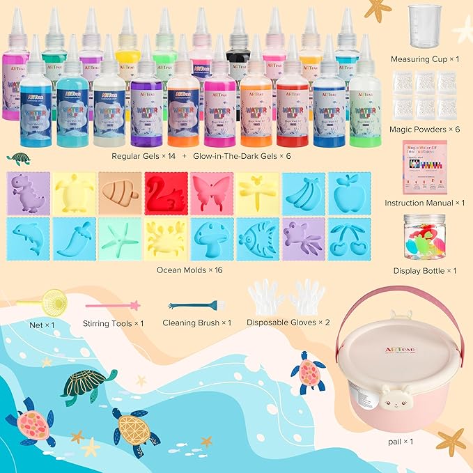 ARTPAR Water Elf Magic Gel Kit - 20 Colorful Gels + 16 Fantasy Molds - Non-Toxic Sensory Toys for Kids - Creative Arts & Crafts Project - Birthday Gifts for 5 6 7 8 9 10 Year Old Girls Boys