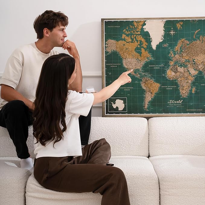 Canvas World Map with Cork Pin Board - English Lettering - Decorative Wall Decoration for All Rooms - Canvas Pictures with World Map Motif (120x80 cm, Pattern 4)