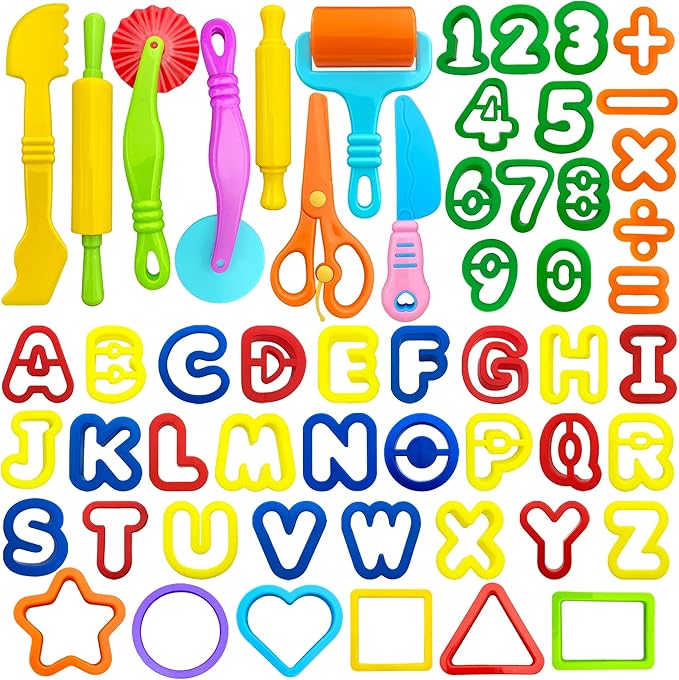Dough Tools 55 PCS Dough Play Tools Set for Kids, Plastic Alphabet Numbers Shapes Cutters, Rollers, Scissors