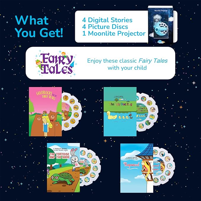 Moonlite Storytime Mini Projector with 4 Fairy Tale Stories, A Magical Way to Read Together, Digital Storybooks, Fun Sound Effects, Learning Gifts for Kids Ages 1 and Up