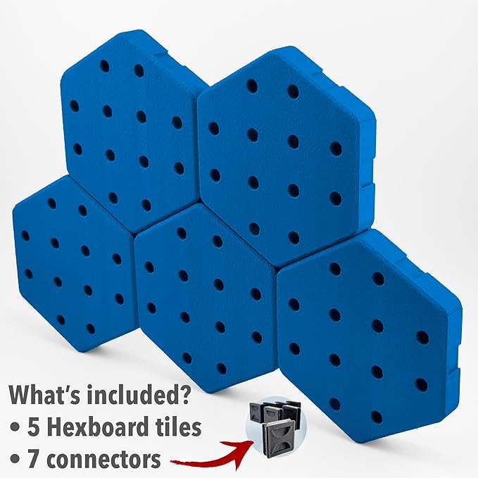 Hexagon Pegboard Tiles, 4.5"x4" each, 5-Pack, Normal-Sized Holes, Make Custom Designs, Easiest to Mount, Expand Existing Pegboard or Fill In Unused Space, Hexboard (Electric Blue, 4 Inch)