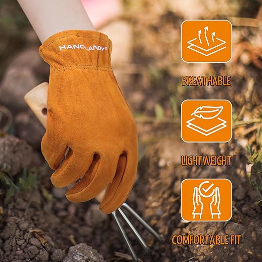 HANDLANDY Kids Genuine Leather Work Gloves for ages 3-11, Children Gardening Gloves for Boys, Girls (Medium (for age 5-7), Orange)