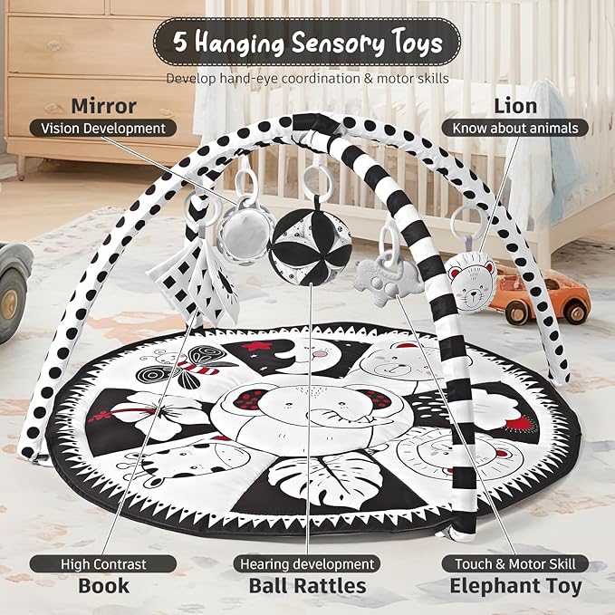 Black and White Tummy Time Mat, Play Mat for Babies 0-6 Months High Contrast Baby Play Activity Gym Baby Tummy Time Play Mat with 5 Toys for Early Sensory Exploration Newborn Infant Baby Playmat