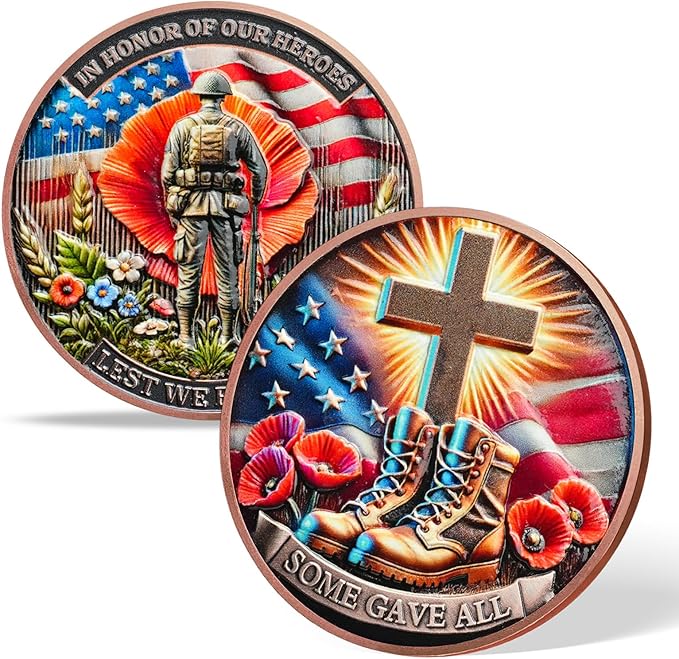 AtSKnSK Memorial Tribute Challenge Coin Some Gave All Lest We Forget Thank You for Your Service Military Coin (Poppy Military Boots, 50)