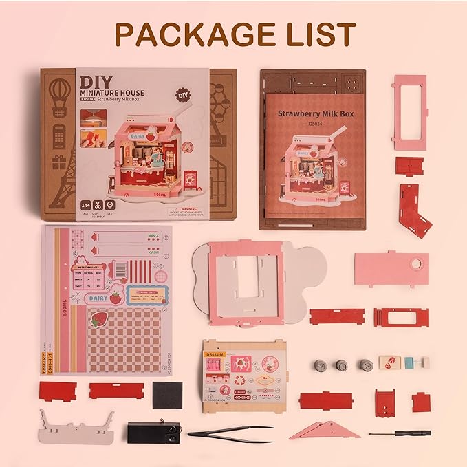 DIY Mini House Building Miniature Kit Milkbox, Miniature Lifestyle Bookshelf Decoration, Cute Craft Kits for Women or Girls 14+, Kawaii Gifts Hobbies for Crafters (Strawberry Milkbox)