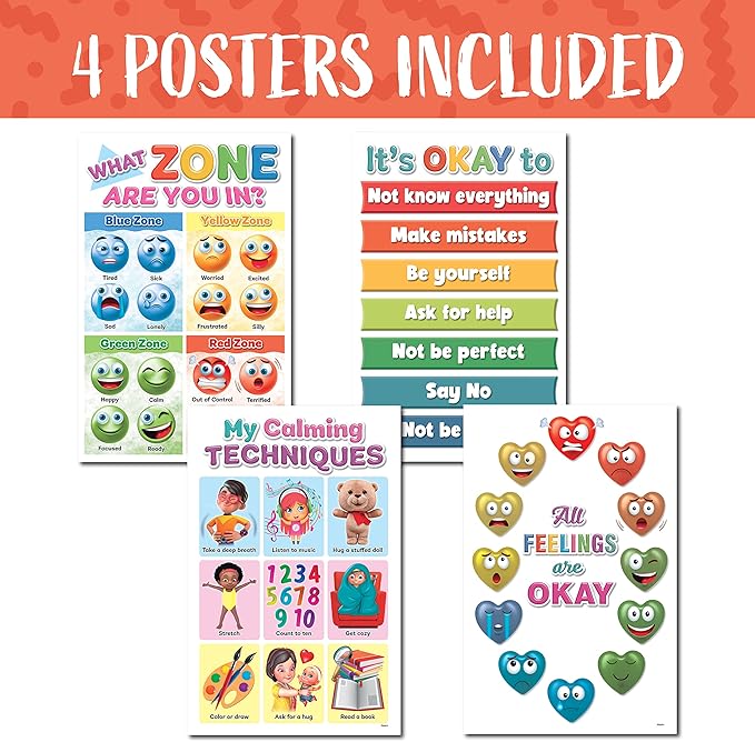 DeeDee's Workshop 4 Feelings Chart For Kids, Zones of Regulation Poster, Emotions Poster, Emotion Chart for Kids, Emotional Regulation, Set of 4 (11 x 17 inches)