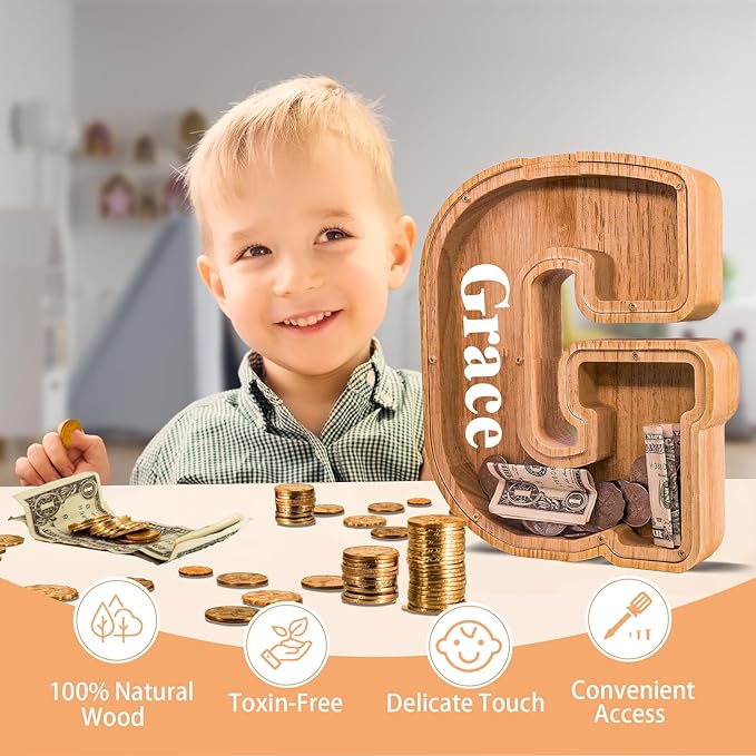 Wooden Letter Piggy Bank for Kids Larger Letter Piggy Bank for Boys and Girls Personalized Piggy Bank Initial Coin Bank Wood Kids Money Bank for Birthday and Festival