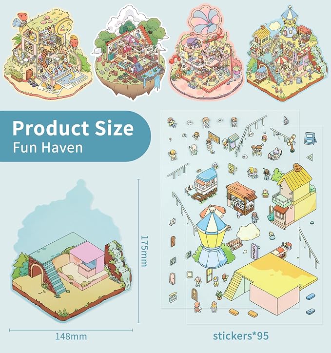 DIY 3D House Stickers, 4 Sets Fun DIY Stickers Scene Make Your Own Mini House Cute Cartoon Animal Scene Stickers for Kids Adult Sticker Art Relief Stress Pass The Time