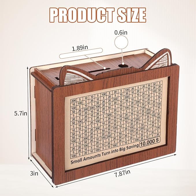 Money Saving Box, 10000 Savings Challenge Box Wooden Coin Cash Money Saver with Target and Tracker Reusable Piggy Bank for Adults Kids Boys Girls Gifts for Family & Friends Caja De Ahorros 13 Sheet