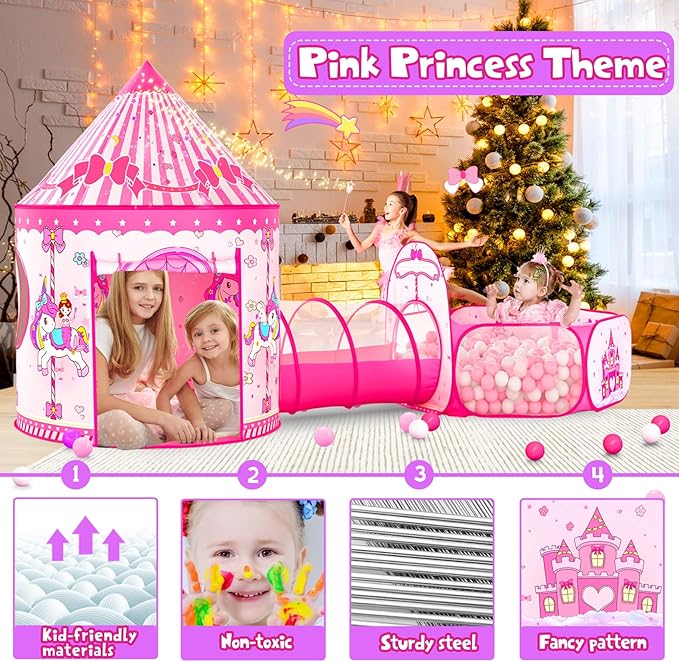 3 in 1 Girls Princess Play Tent for Kids: Pop Up Toddlers Playhouse with Baby Crawl Tunnel, Ball Pit and Castle Tent - Pink Children Play Tent Toys Indoor and Outdoor Game for Birthday Gift