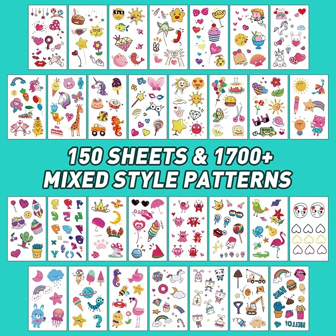 Temporary Tattoo Kids - 150 Sheets & 1700+ Patterns | Boosts Imagination/Creativity & Easy-Clean | Ideal for Party Favors, Arts & Crafts, Goodie Bags (Non-Toxic, Safe for Skin)