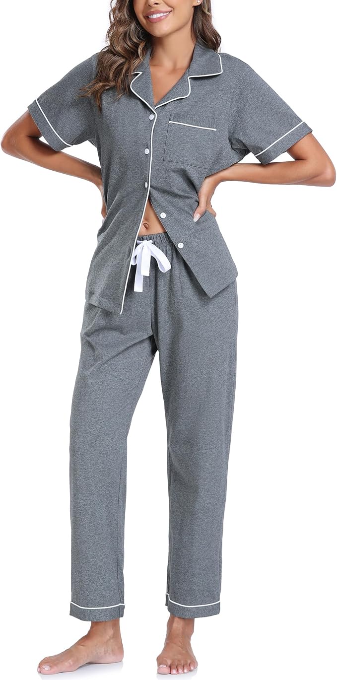 CF Womens 100% Cotton Pajamas Set Button Down Pjs Sets Short Sleeve Top & Long Pants Sleepwear Comfy Loungewear with Pockets