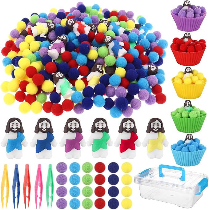 235 Pcs Jesus Sensory Bin Filler Fine Motor Toys Counting Sorting 200 Felt Pompoms 24 Mini Jesus Figures 5 Tweezers 5 Silicone Plates 1 Storage Box, for Counting Sorting Christian Gifts Fillers