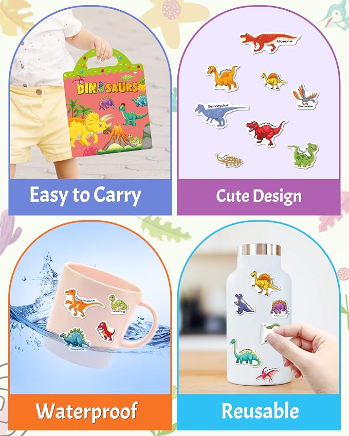 Benresive Reusable Sticker Book for Toddlers 2-4 Years, Fun Travel Stickers for Kids, Waterproof Sticker Books for Toddlers 1-3, Crafts Activities for Todddlers 1-3 2-4 3-5 - Dinosaurs