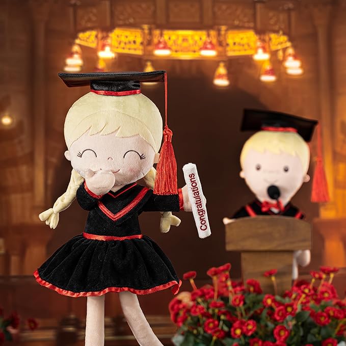 Gloveleya Graduation Plush Doll – 16 Inch Baby Girl Gift with Cap & Gown, Keepsake Congratulation Present for Kindergarten & School Graduation, Soft Cloth Doll with Gift Bag