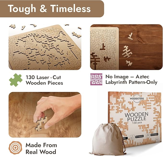 Mind Bending Wooden Jigsaw Puzzle - Difficult Challenging Impossible Puzzles for Adults, Advanced Hard Jigsaw Puzzles - Aztec Labyrinth - 130 Pieces