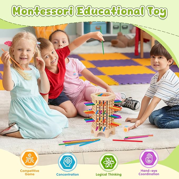Montessori Game Wooden Board Game, 36 Colorful Wooden Sticks Dice Game, Math Educational Toy for 3 4 5 6 Year Olds, Fine Motor Skills Toy Classic Tower Game for Family Night Gift for Boys Girls