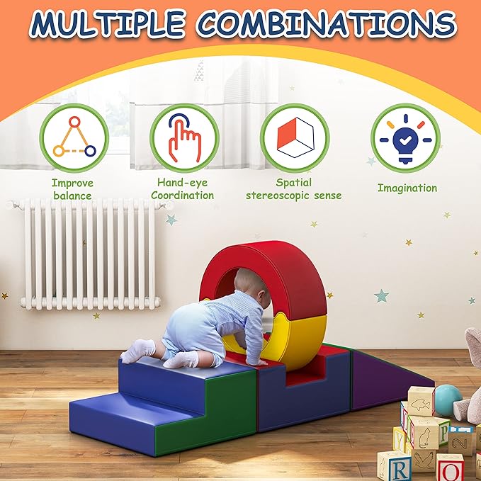 TOLEAD Foam Climbing Toys for Toddlers,4 Pcs Climb & Crawl Soft Play Set for Kids, Safe Indoor Tunnel for Toddler Gym with Pad,Easy to Clean