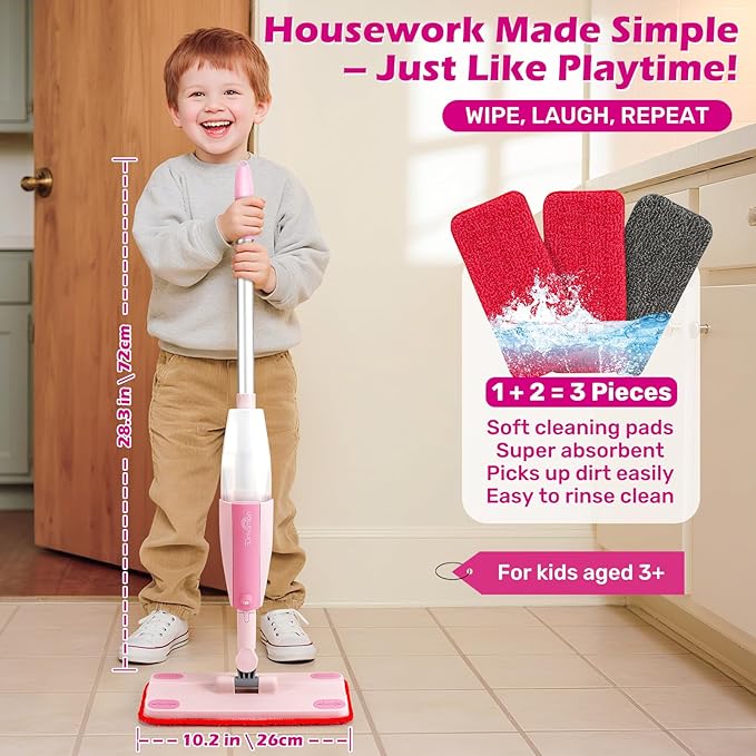 Dreamon Kids Spray Mop - Real Working Toddler Cleaning Set with Water Sprayer & 3 Washable Mop Pads & Scraper, Pretend Play Montessori Housekeeping Toys Gifts for Toddlers Kids Girls Boys(Pink)