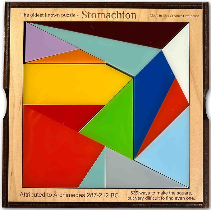 Stomachion Puzzle by Creative Crafthouse – 14 Piece Classic Brain Teaser for Teens and Adults with 536 Different Solutions - Handmade Puzzle Featuring Multi Colored Acrylic Puzzle Pieces