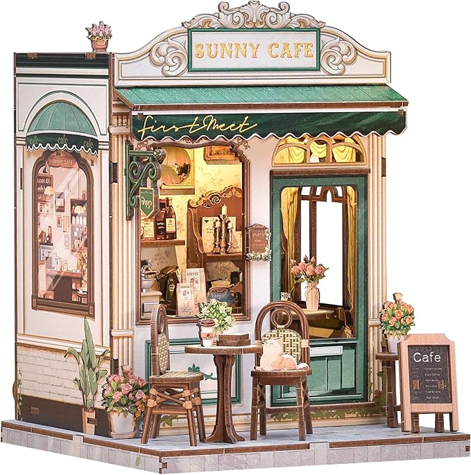Book Nook Kit, DIY Miniature House Kits for Adult and Teens, Dollhouse Tiny Booknook Garden House Bookshelf, DIY Craft Gifts for Family and Friends（Sunny Cafe)