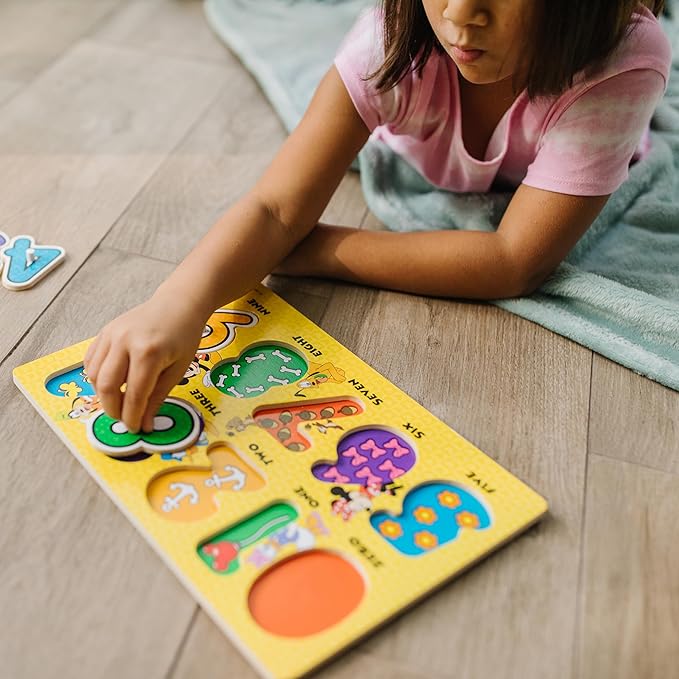 Melissa & Doug Disney Wooden Peg Puzzles Set: Letters, Numbers, and Shapes and Colors