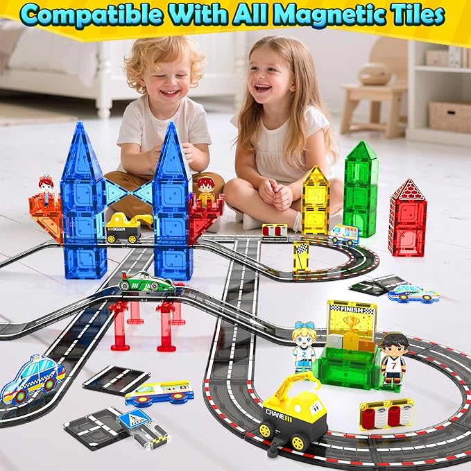 Magnetic Tiles Road Race Track with Engineering Car, Magnetic Building Blocks for Toddler Kids Toys, Educational Construction Toys Gift for 3+ Year Old Boys and Girls