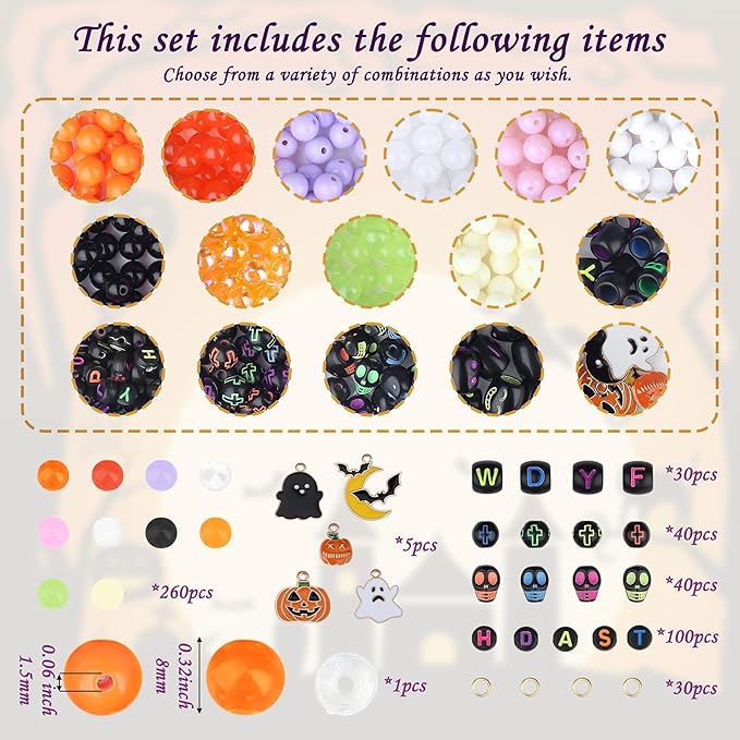 XIANNVXI 480pcs 23color Halloween Glass Beads Jewelry Making Kit Black Orange Purple White Friendship Bracelet Supplies with Halloween Pattern Beads DIY Crafts Kit