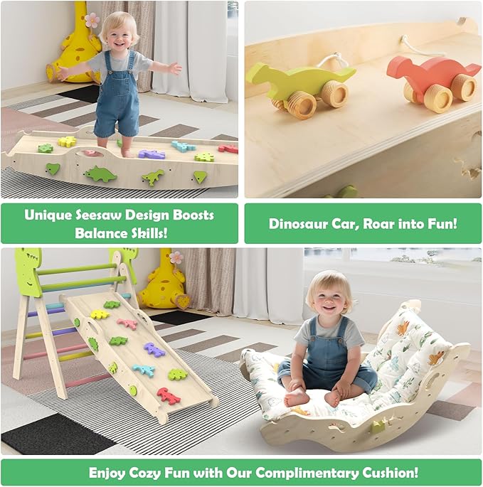Pikler Triangle Set with Cushion, 12 in 1 Toddler Montessori Toys Indoor Baby Climbing Gym Pikler Triangle Climbing Set Wooden Toy Climbing Rope Ladder, Shape Sorter, Push Car 【Dinosaur Toys】