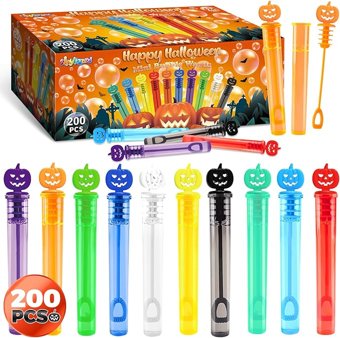 200PCS Halloween Party Favor, Halloween Bubble Wands for Kids, Halloween Trick or Treat Toys, Goodies Bag Fillers, Pinata Fillers, Mini Bubble Wands for Party Supplies